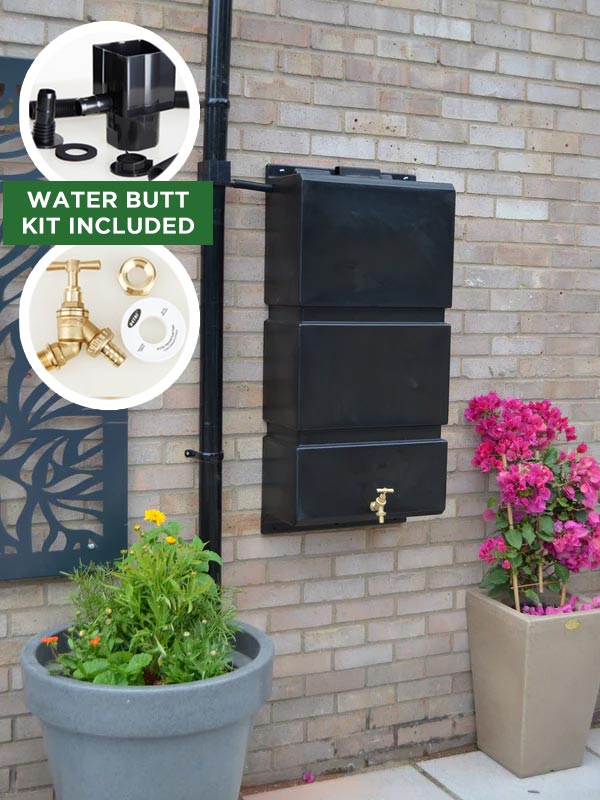 100 Litre Wall Mounted Water Butt with Tap & Diverter - Black