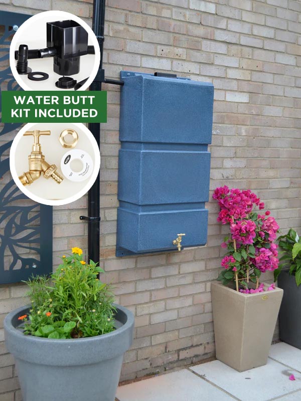 100 Litre Wall Mounted Water Butt with Tap & Diverter - Blue Stone