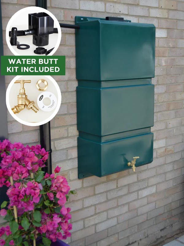 100 Litre Wall Mounted Water Butt with Tap & Diverter - Green