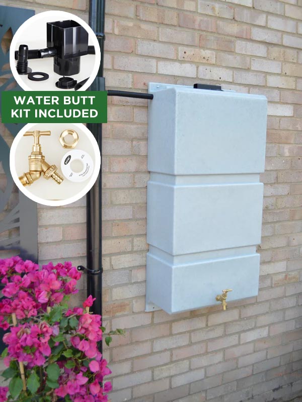 100 Litre Wall Mounted Water Butt with Tap & Diverter - White Marble