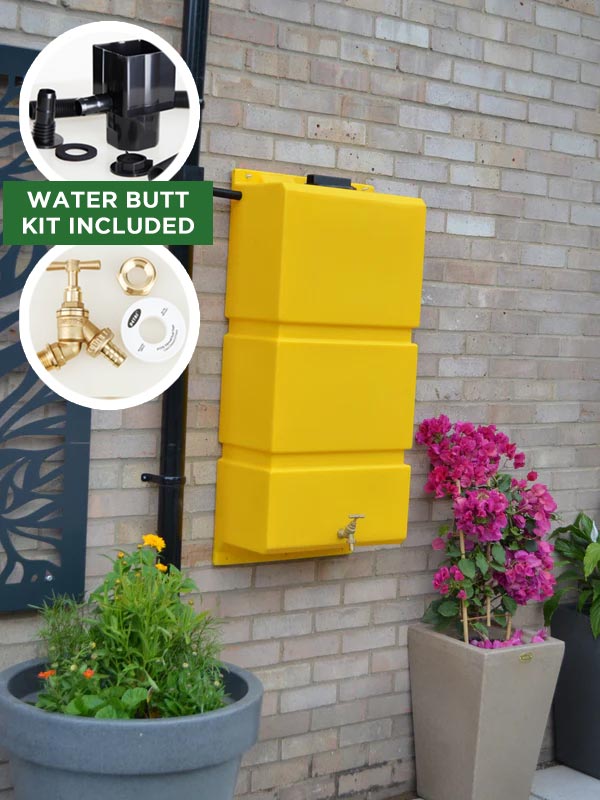 100 Litre Wall Mounted Water Butt with Tap & Diverter - Yellow